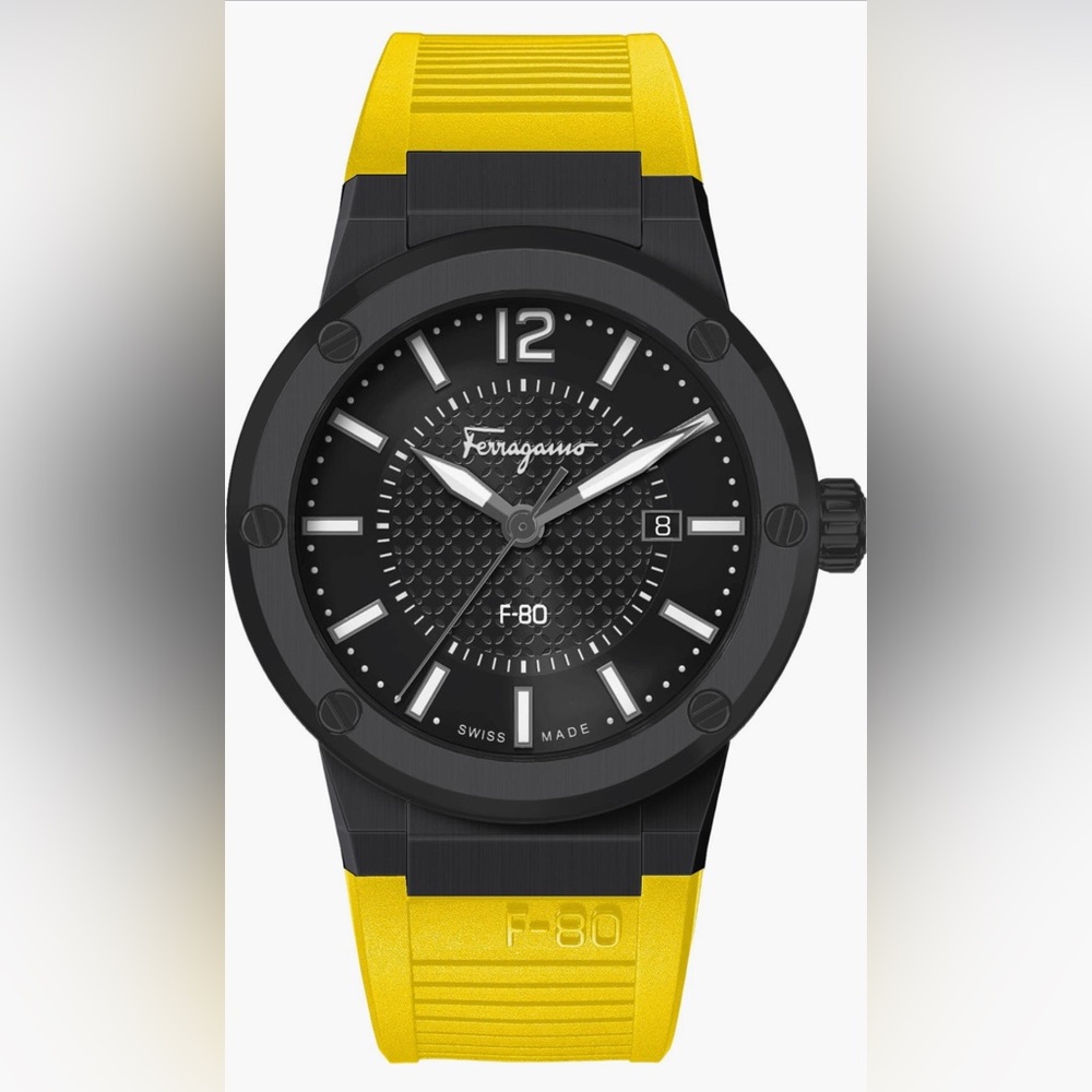Ferragamo Watch Black with Yellow Silicone Band - Picture 1 of 1
